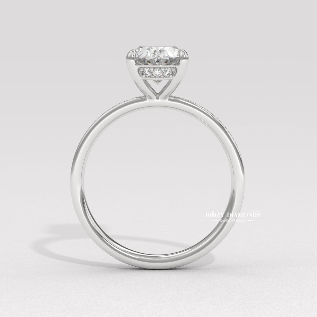 Oval cut engagement ring side view showing band detail