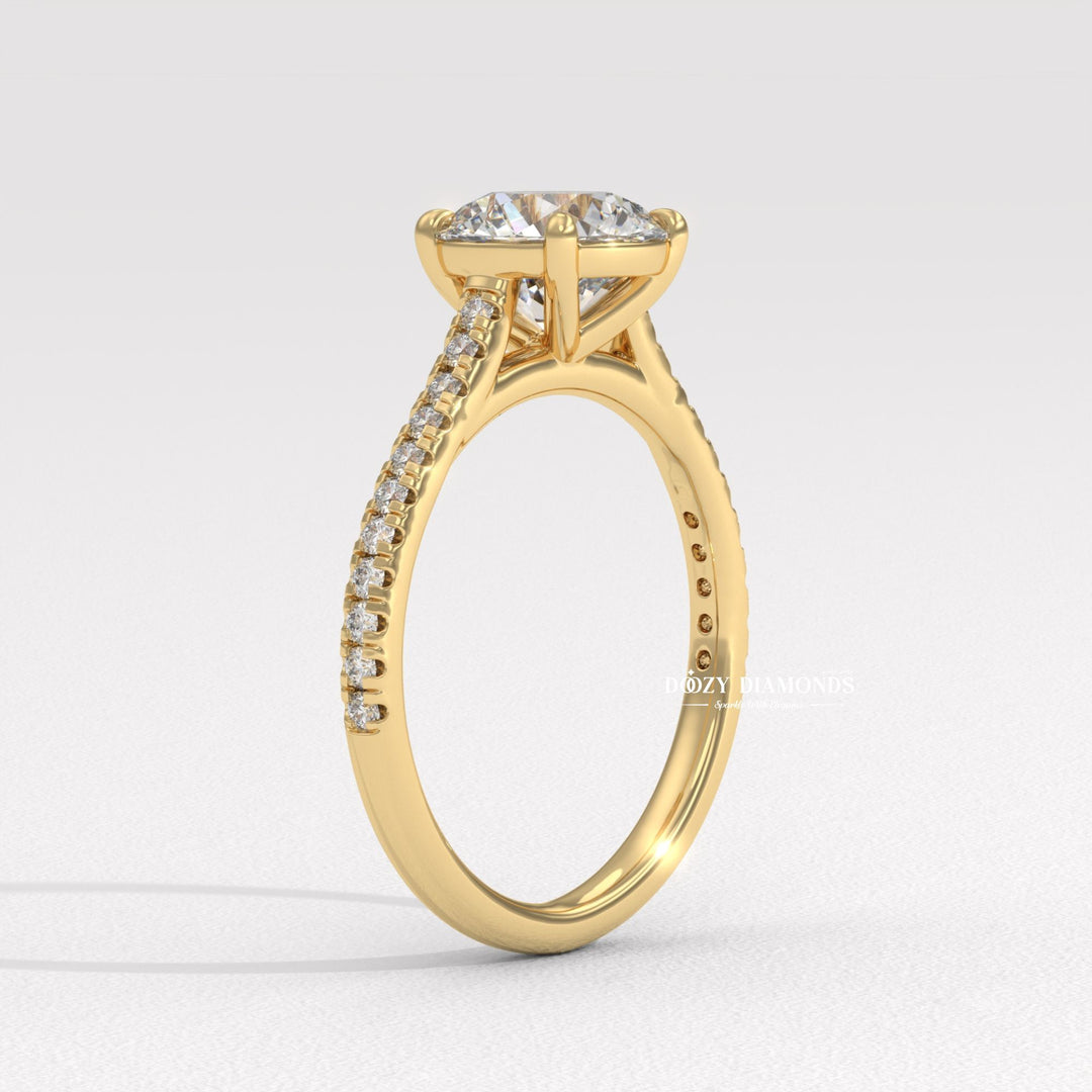 Certified round cut diamond featured in pave engagement ring