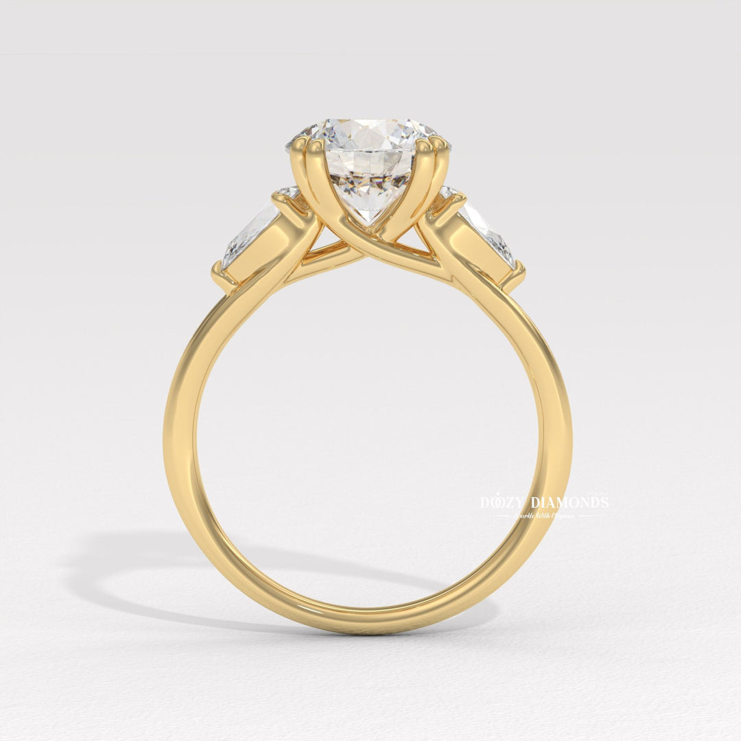 Round three stone lab grown diamond ring side profile in gold setting