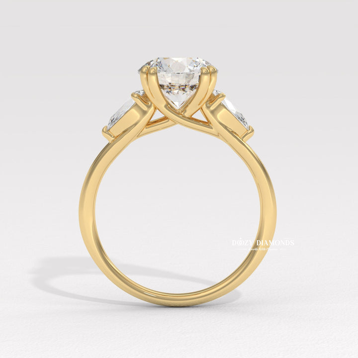 Round three stone lab grown diamond ring side profile in gold setting