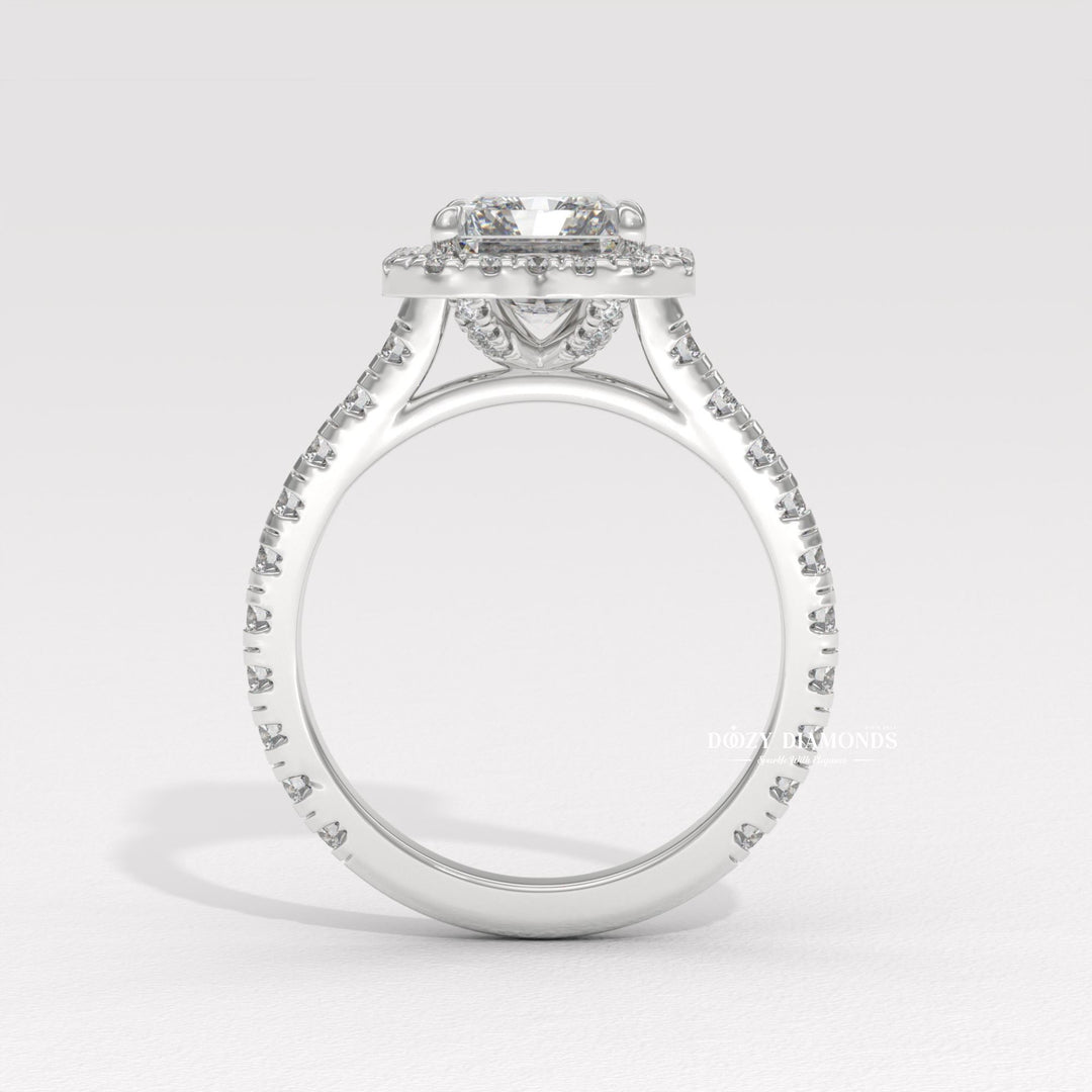 Handcrafted radiant cut halo lab grown diamond engagement ring