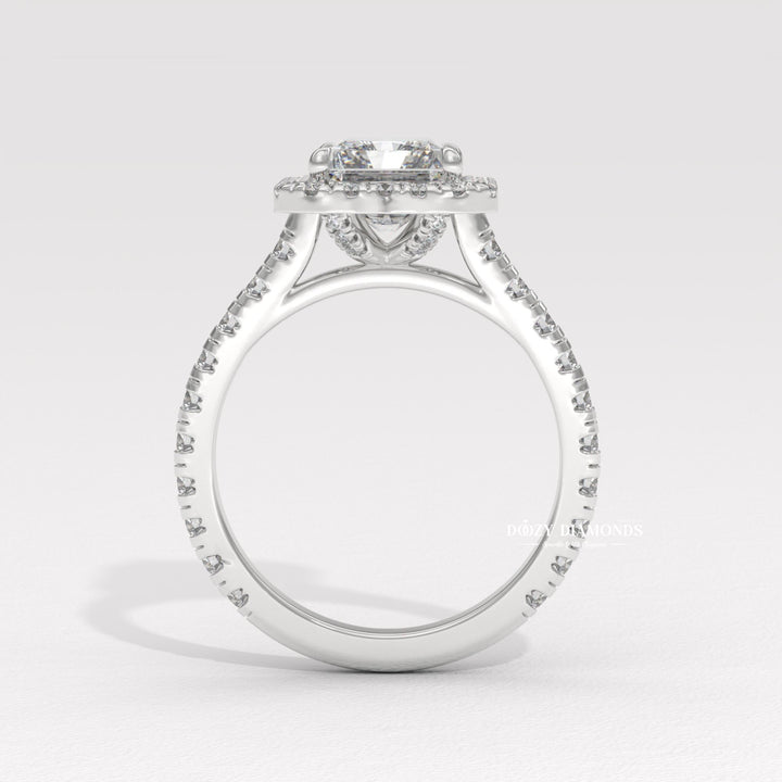 Handcrafted radiant cut halo lab grown diamond engagement ring