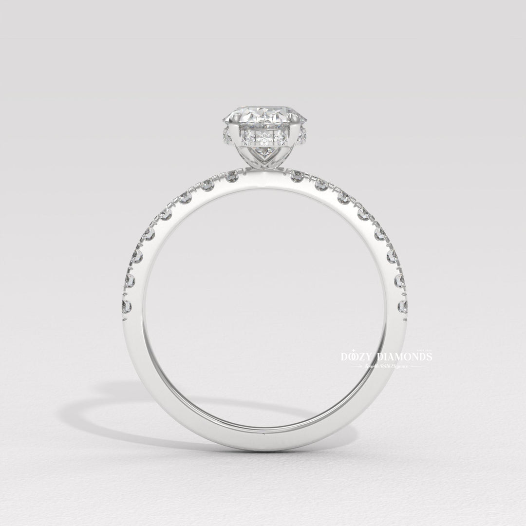 Top-down view of oval cut hidden halo engagement ring
