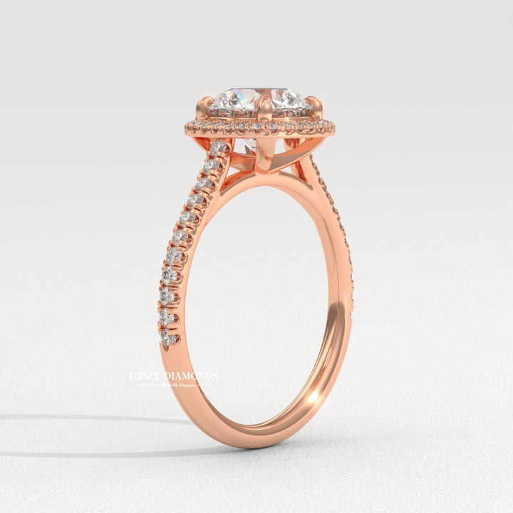 Round cut engagement ring side view showing band detail
