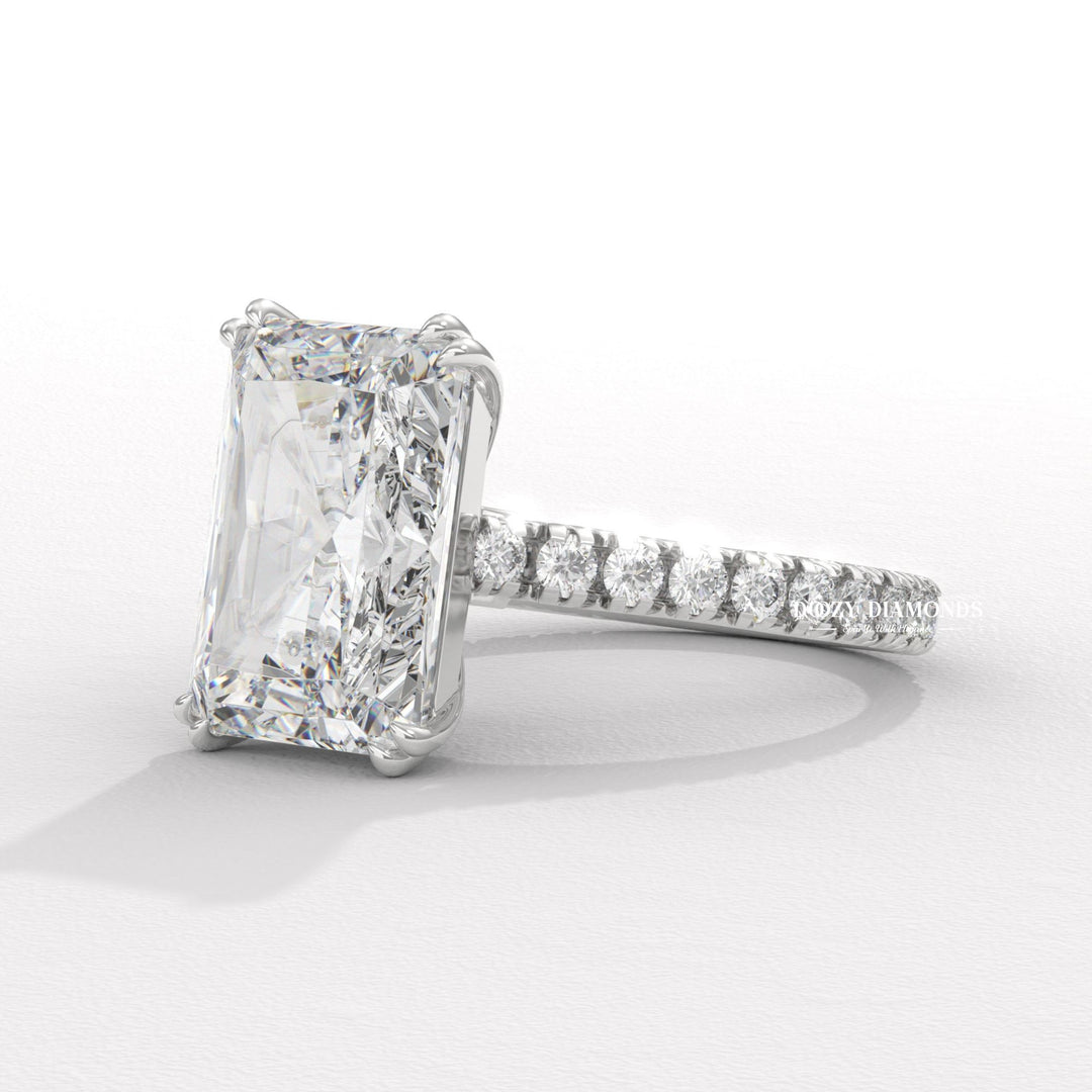 Radiant cut engagement ring side view showing band detail