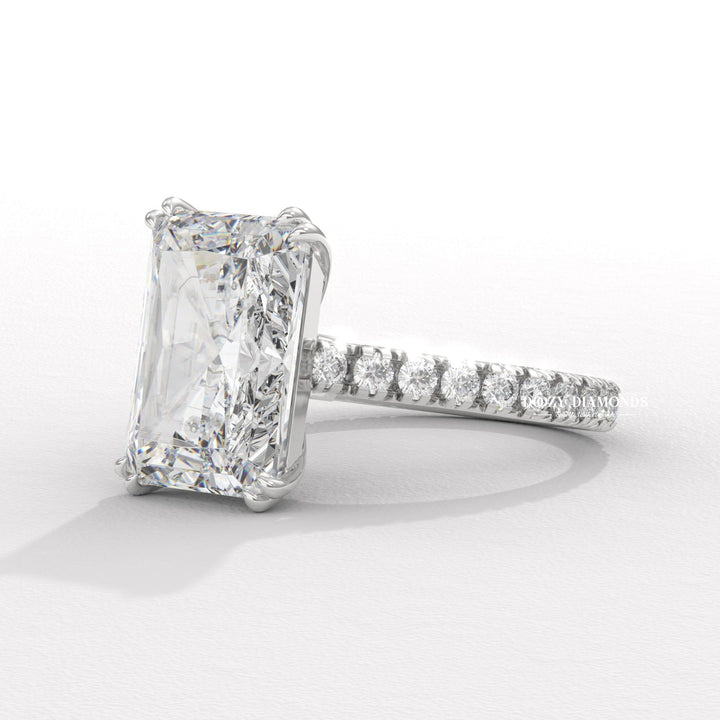 Radiant cut engagement ring side view showing band detail