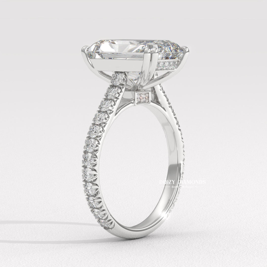 Detailed close-up of radiant solitaire diamond engagement ring