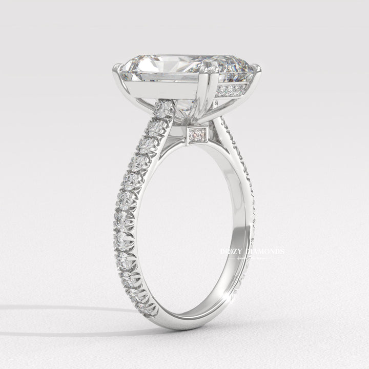 Detailed close-up of radiant solitaire diamond engagement ring