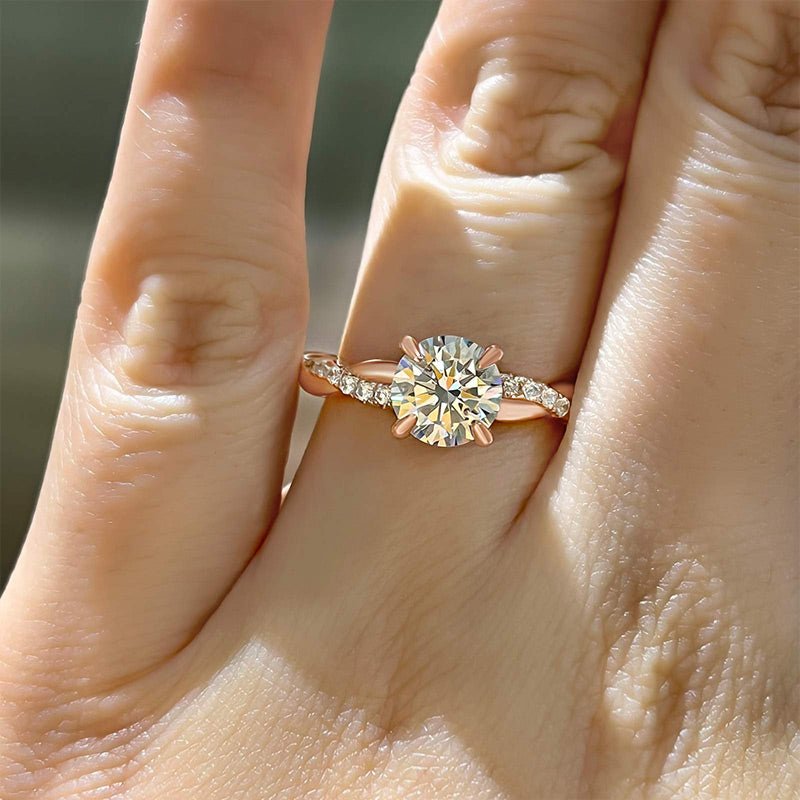 Macro shot of round cut diamond facets in pave ring setting
