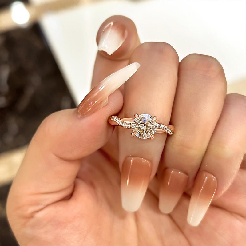 Detailed close-up of round pave diamond engagement ring