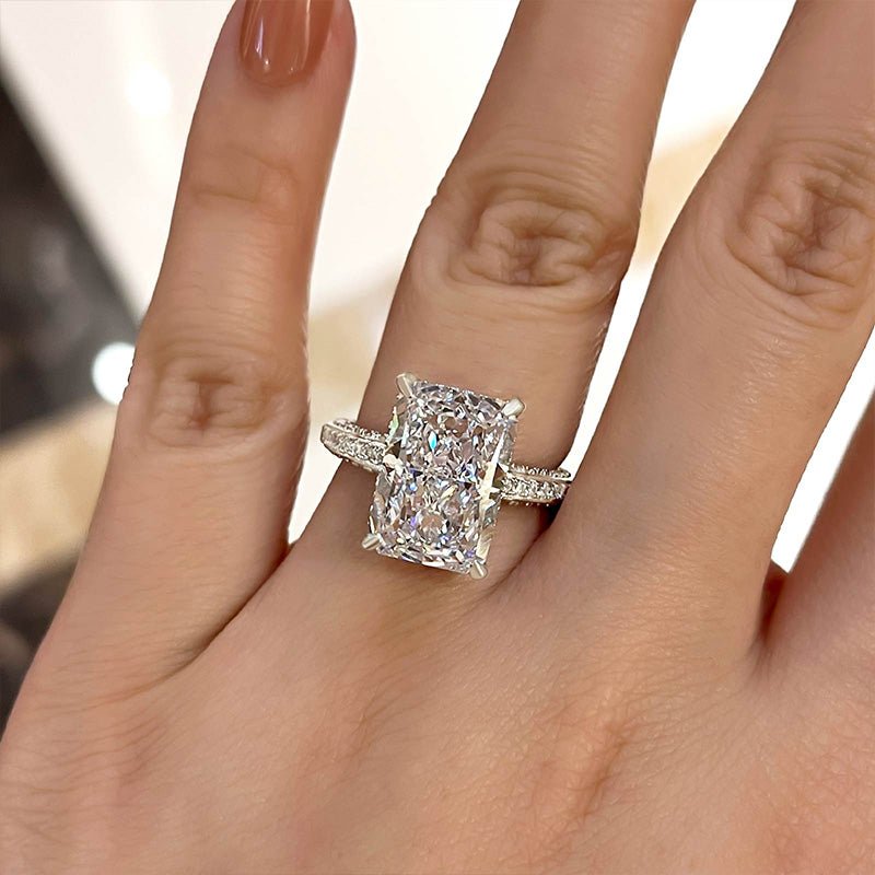 Radiant hidden halo diamond engagement ring available in multiple metals