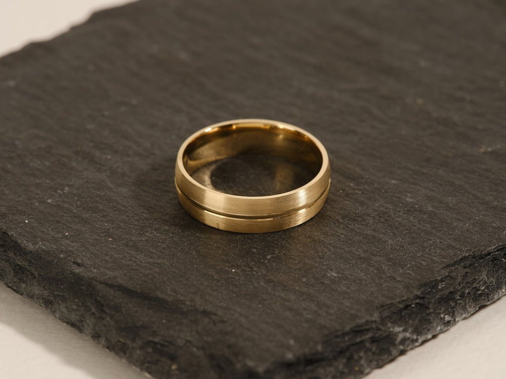 6.0mm Basic Carved Matte Brushed Men's Gold Wedding Band - Doozy Diamonds
