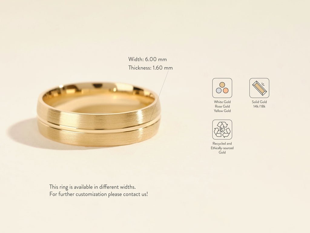 6.0mm Basic Carved Matte Brushed Men's Gold Wedding Band - Doozy Diamonds