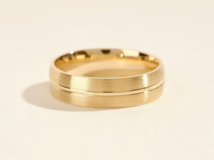6.0mm Basic Carved Matte Brushed Men's Gold Wedding Band - Doozy Diamonds