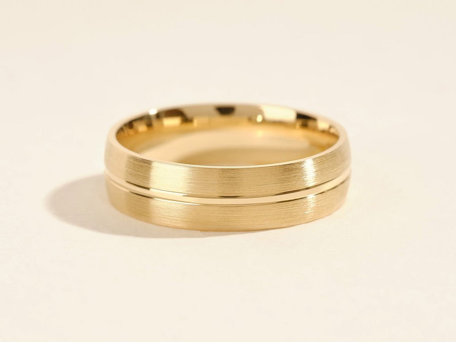 6.0mm Basic Carved Matte Brushed Men's Gold Wedding Band - Doozy Diamonds