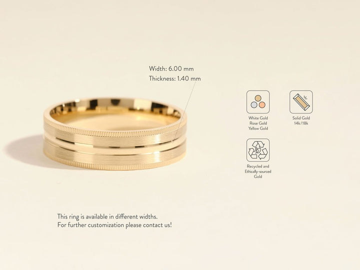 6.0mm Mid - Beveled & Matte Brushed Milgrain Men's Gold Wedding Band - Doozy Diamonds