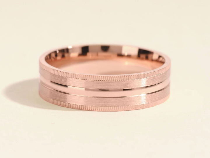 6.0mm Mid - Beveled & Matte Brushed Milgrain Men's Gold Wedding Band - Doozy Diamonds