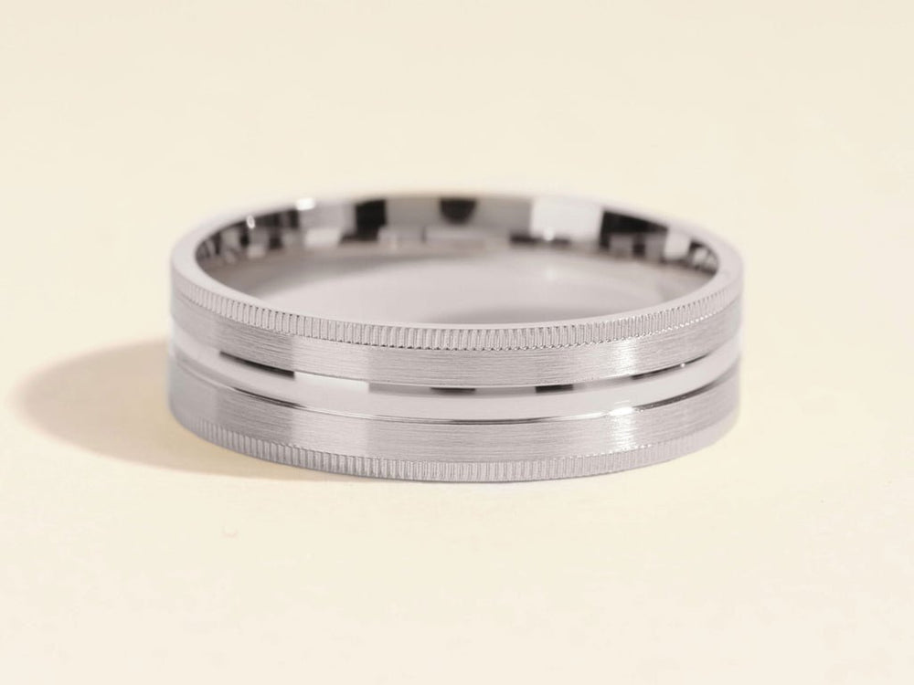 6.0mm Mid - Beveled & Matte Brushed Milgrain Men's Gold Wedding Band - Doozy Diamonds