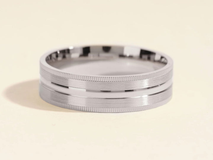 6.0mm Mid - Beveled & Matte Brushed Milgrain Men's Gold Wedding Band - Doozy Diamonds