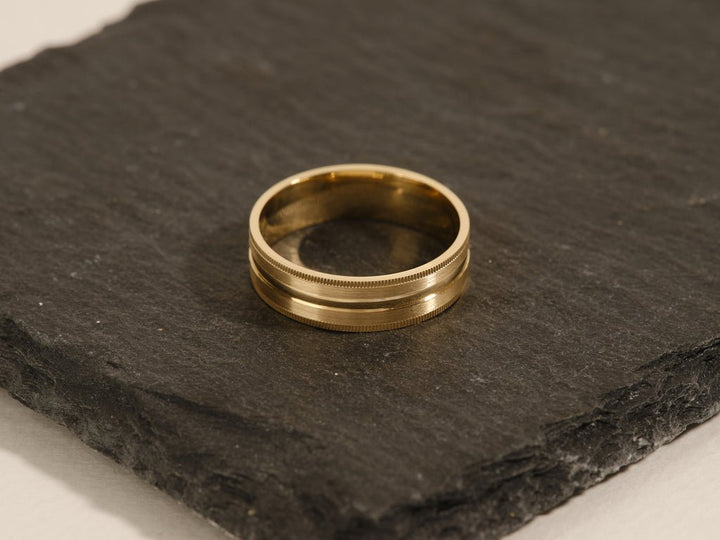 6.0mm Mid - Beveled & Matte Brushed Milgrain Men's Gold Wedding Band - Doozy Diamonds