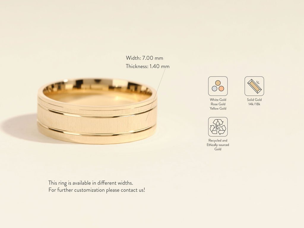 7.0mm Horizontal Thick Brushed & Double Grooved Men's Gold Wedding Band - Doozy Diamonds