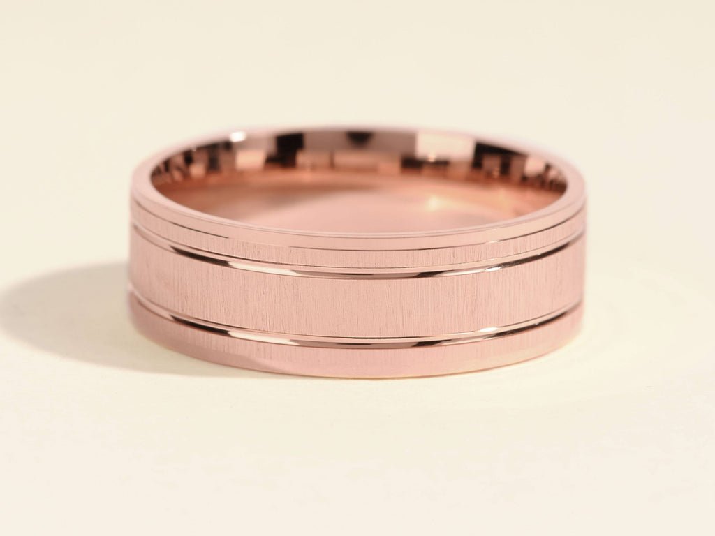 7.0mm Horizontal Thick Brushed & Double Grooved Men's Gold Wedding Band - Doozy Diamonds