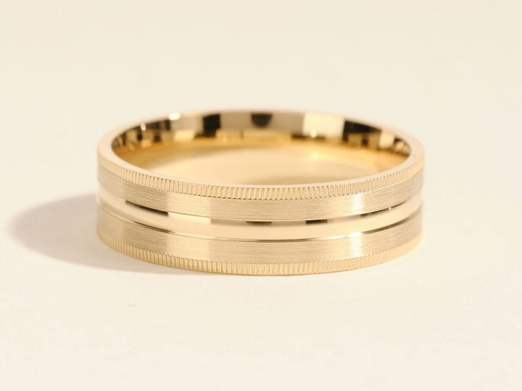 6.0mm Mid - Beveled & Matte Brushed Milgrain Men's Gold Wedding Band - Doozy Diamonds