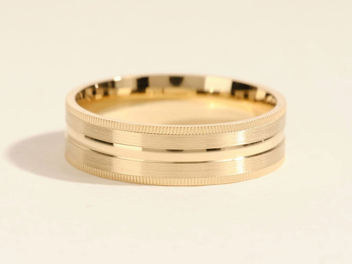 6.0mm Mid - Beveled & Matte Brushed Milgrain Men's Gold Wedding Band - Doozy Diamonds