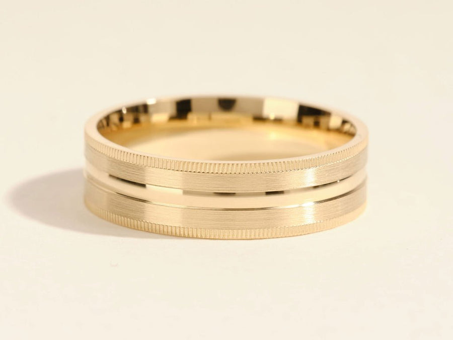 6.0mm Mid - Beveled & Matte Brushed Milgrain Men's Gold Wedding Band - Doozy Diamonds
