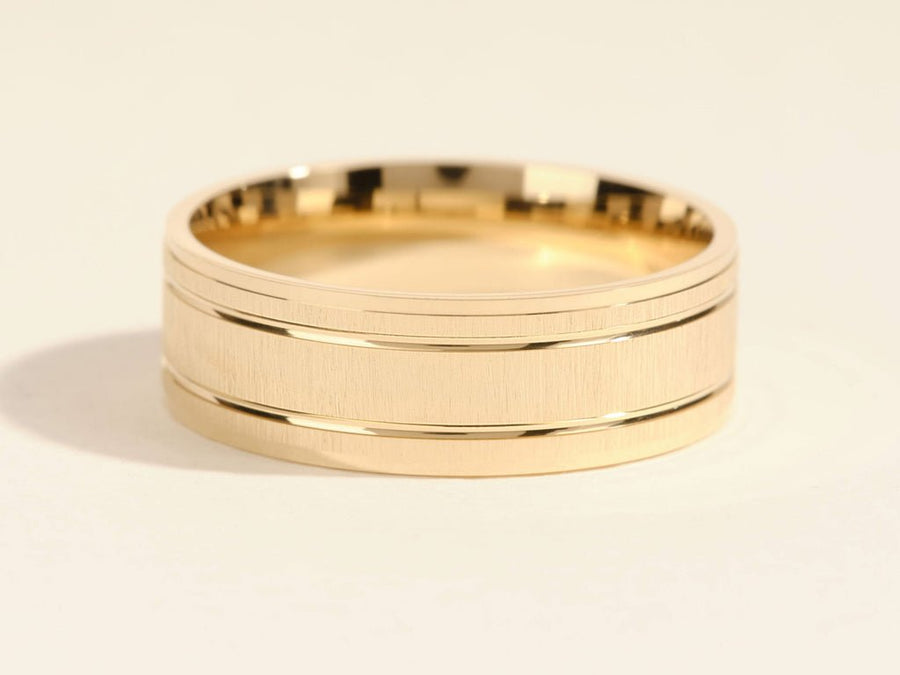 7.0mm Horizontal Thick Brushed & Double Grooved Men's Gold Wedding Band - Doozy Diamonds