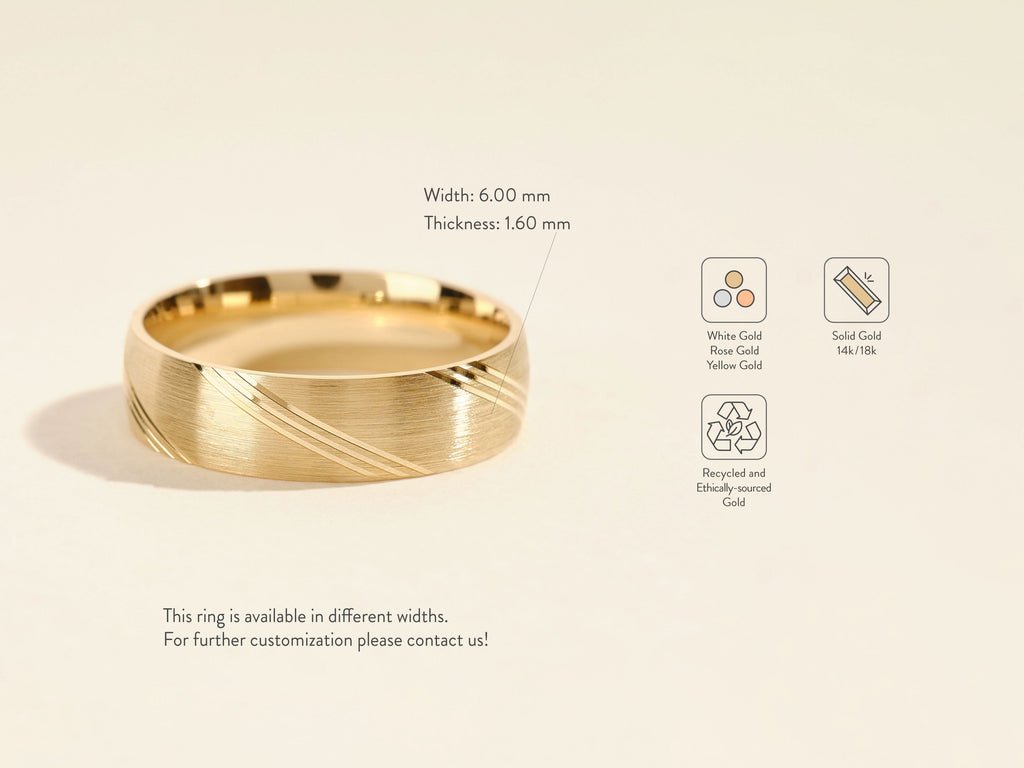 6.0mm Diagonal Lined Men's Gold Wedding Band - Doozy Diamonds
