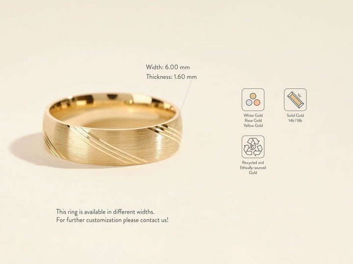 6.0mm Diagonal Lined Men's Gold Wedding Band - Doozy Diamonds