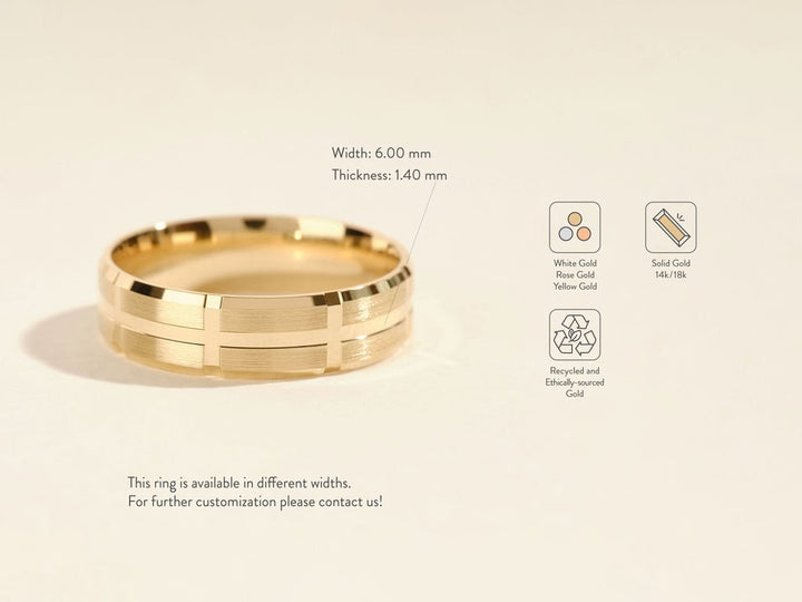 6.0mm Grooved Block Men's Gold Wedding Band - Doozy Diamonds
