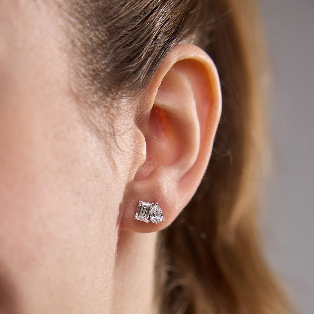 Emerald & Pear Cut FG - VS2 Lab - Grown Diamond Two Stone Stud Earrings - Doozy Diamonds