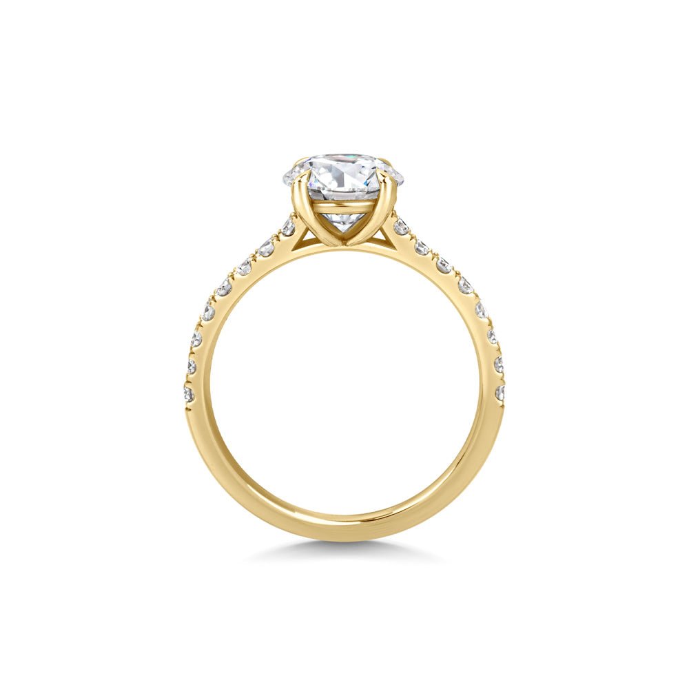 Lifestyle shot of round pave diamond ring on hand