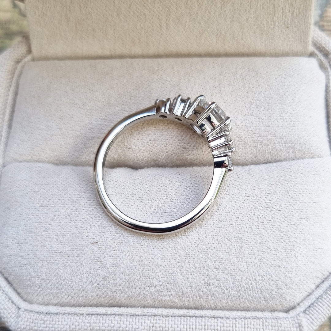 Round five stone lab grown diamond ring in jewelry gift box