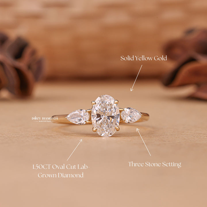 Oval three stone engagement ring with certified lab grown diamond