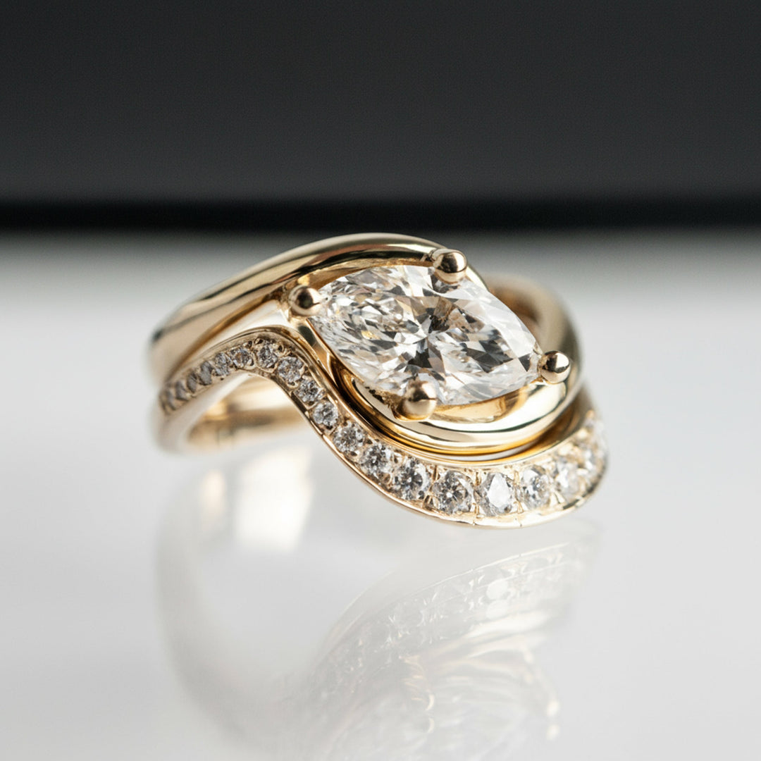 1.50CT Marquise Lab Grown Diamond Bridal Ring Stack Yellow Gold Pave Swirl Setting