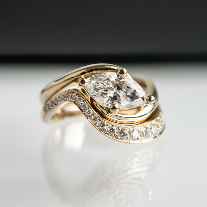 1.50CT Marquise Lab Grown Diamond Bridal Ring Stack Yellow Gold Pave Swirl Setting