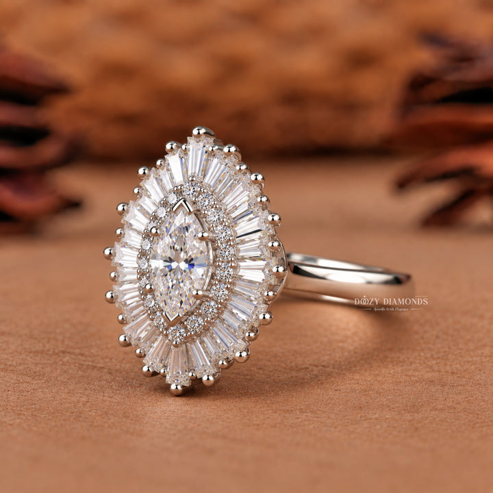 0.50CT Marquise Lab Grown Diamond Double Halo Cluster Engagement Ring