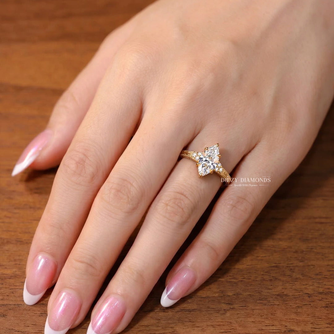 2.0CT Marquise E/VS2 Lab Grown Diamoind Engagement Ring, Engraved Gold Shoulder Accents