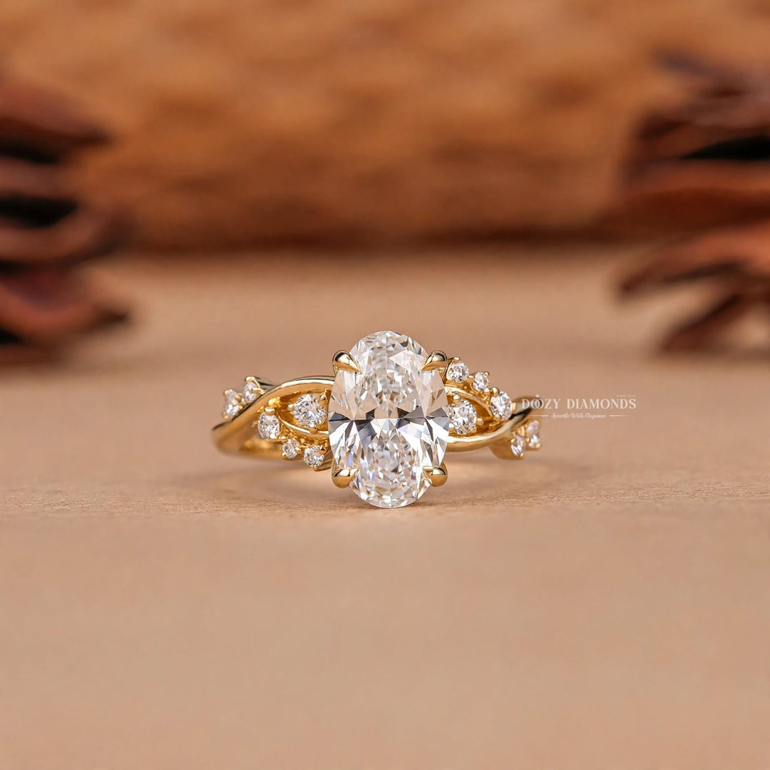 2.50CT Oval F/VVS2 Cluster Diamond Lab Grown Ring, Twisted Vine Band with Accents