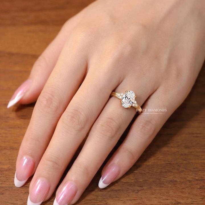 2.50CT Oval F/VS1 Lab Grown Engagement Ring with Cluster Accents, Engraved Gold Band