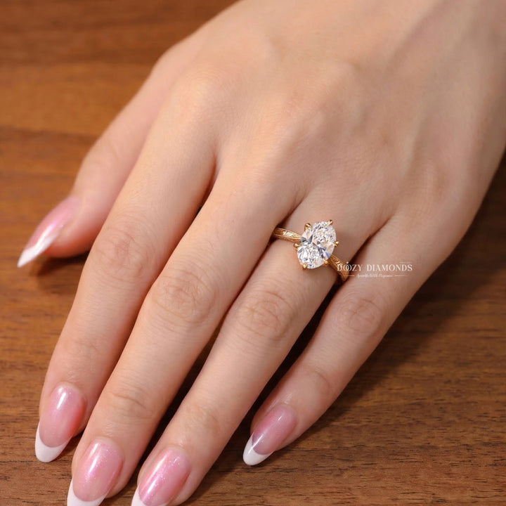 2.50CT Oval F/VVS2 Lab Grown Solitaire Engagement Ring, Six Prong Engraved Gold Band