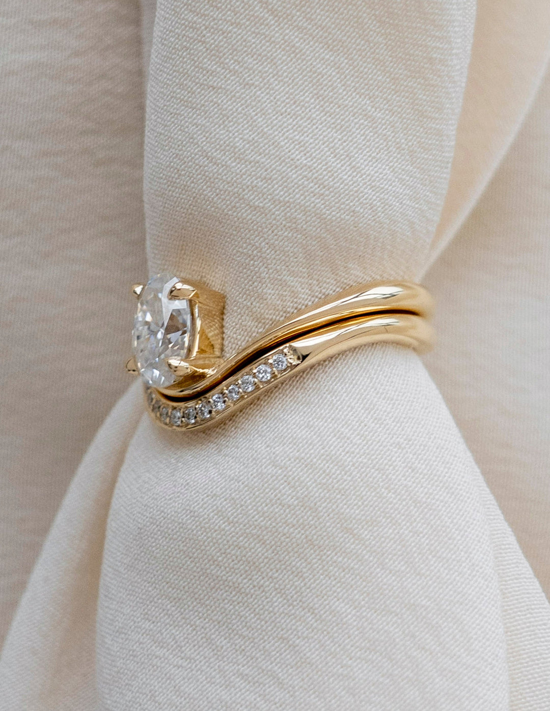1.0CT Oval Solitaire Lab Grown Diamond Ring Yellow Gold Curved Wave Pave Band