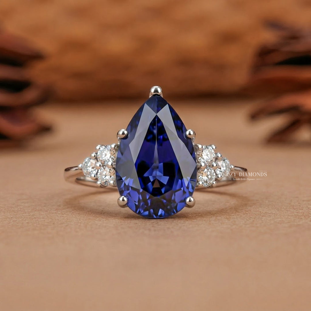 2.0CT Pear Blue Sapphire Ring Lab Grown Diamond Accents White Gold