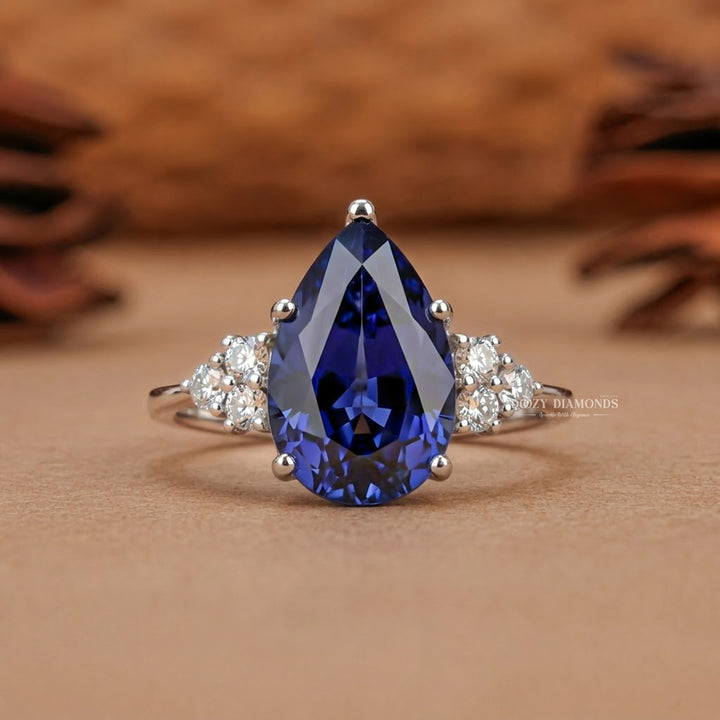 2.0CT Pear Blue Sapphire Ring Lab Grown Diamond Accents White Gold