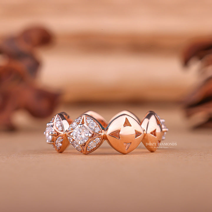 Round diamond band stacked with engagement ring