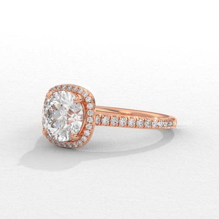 Side angle of round halo diamond engagement ring