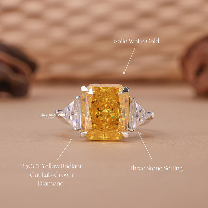 Detailed close-up of radiant three stone diamond engagement ring